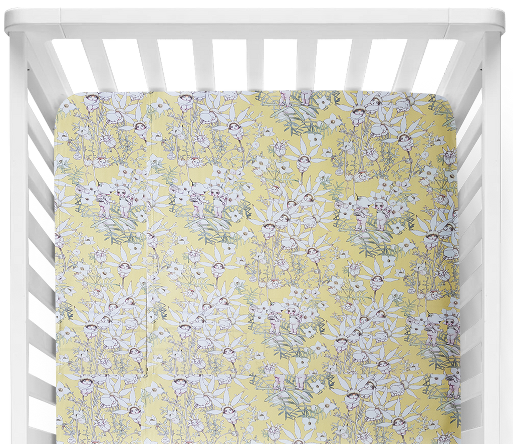 May Gibbs Gumnut Flannel Flower Babies Yellow Fitted Cot Sheet/Crib Sheet