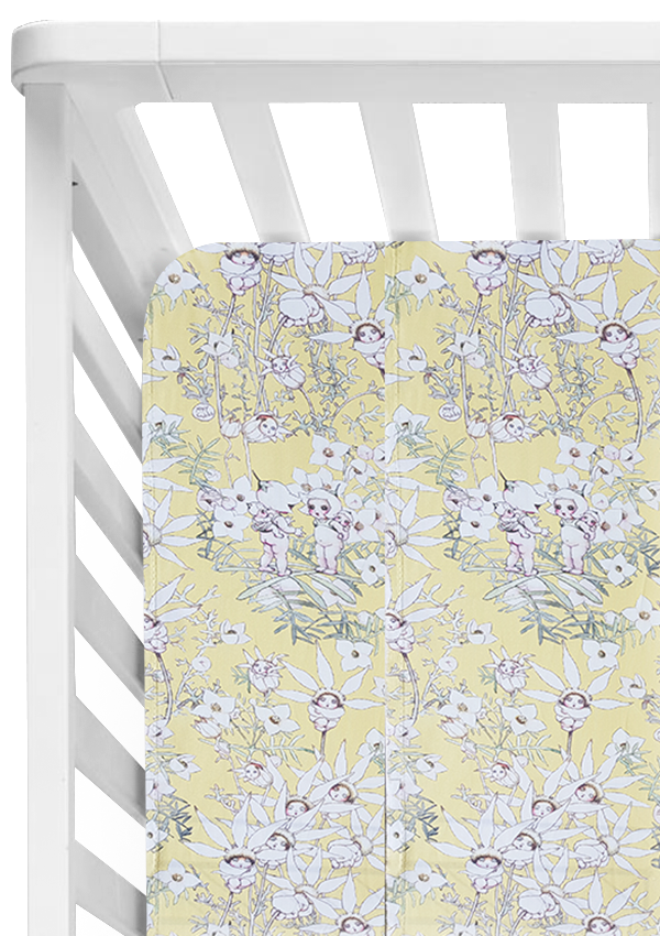 May Gibbs Gumnut Flannel Flower Babies Yellow Fitted Cot Sheet/Crib Sheet