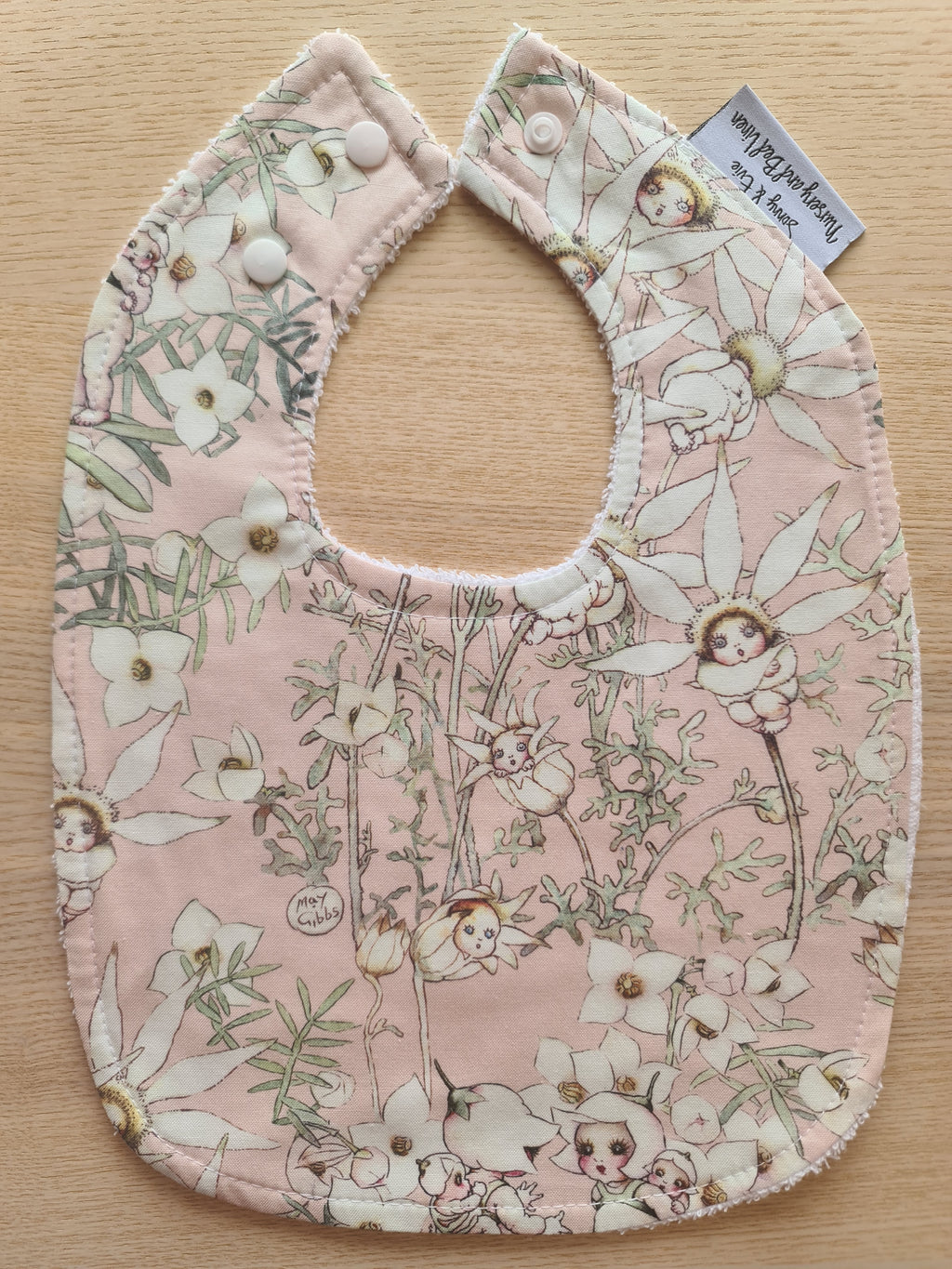May Gibbs Gumnut Flannel Flower Babies Baby Pink Dribble/Round Feeding Bib